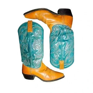 Dan POST Turquoise and Brown leather cowboy cowgirl western boots 6M EUC